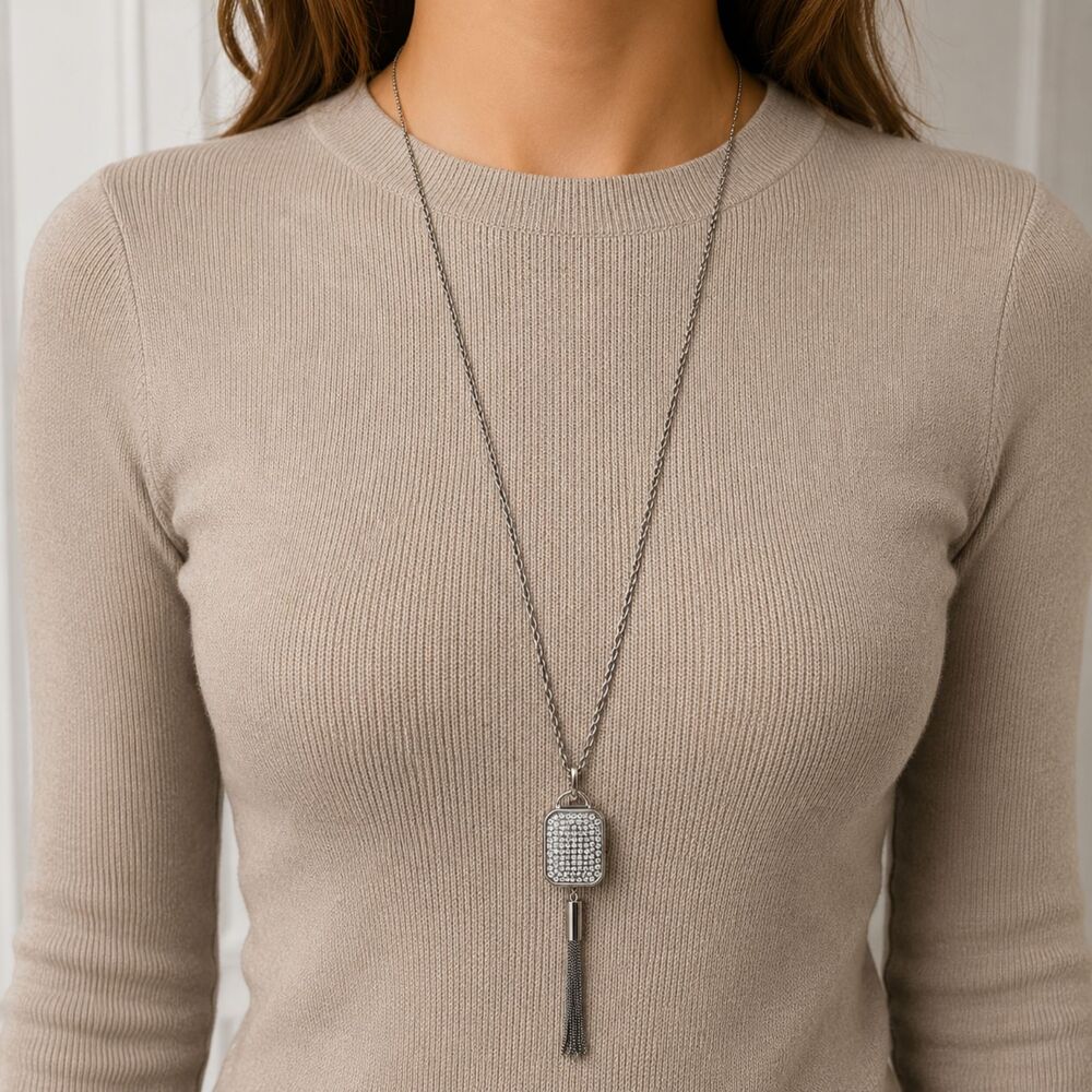 Chico's Silvertone Miracles Locket Crystal Jeweled Long 32" Rolo Chain Necklace